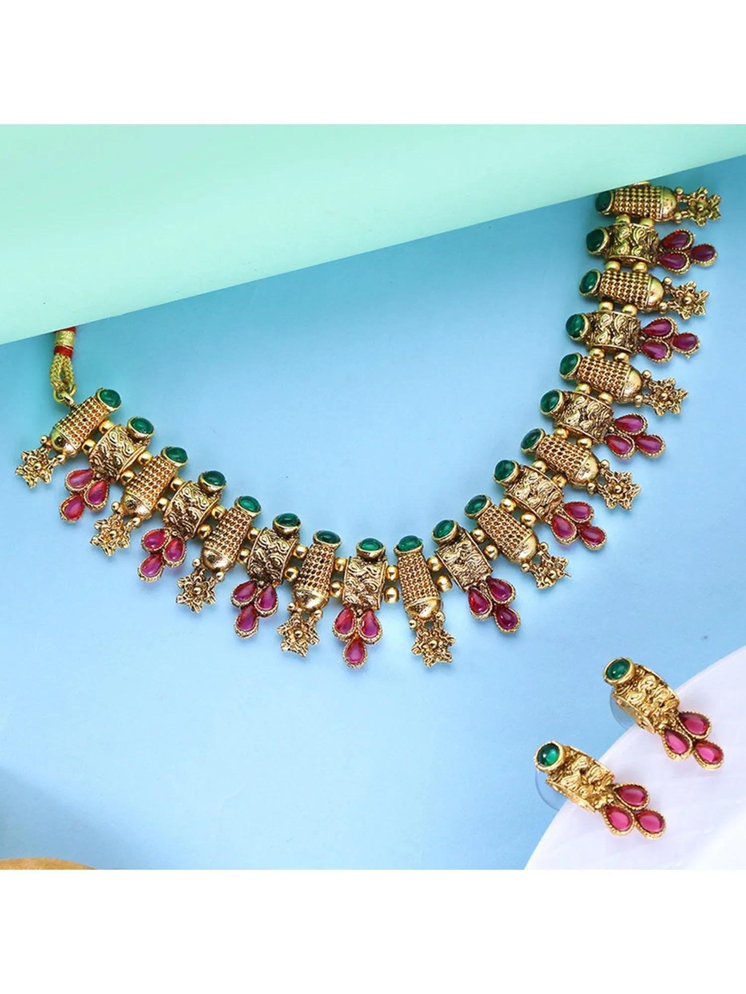 Gold Toned and Pink Stone Studded Choker Necklace