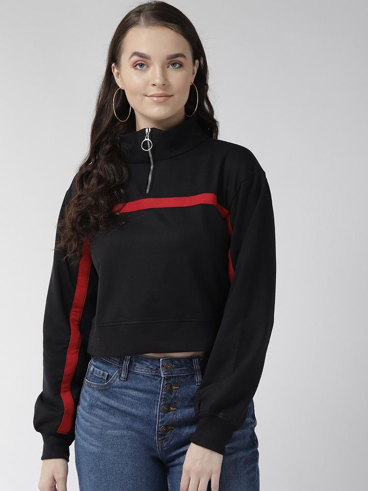 plusS Women Black Solid Cropped Sweatshirt