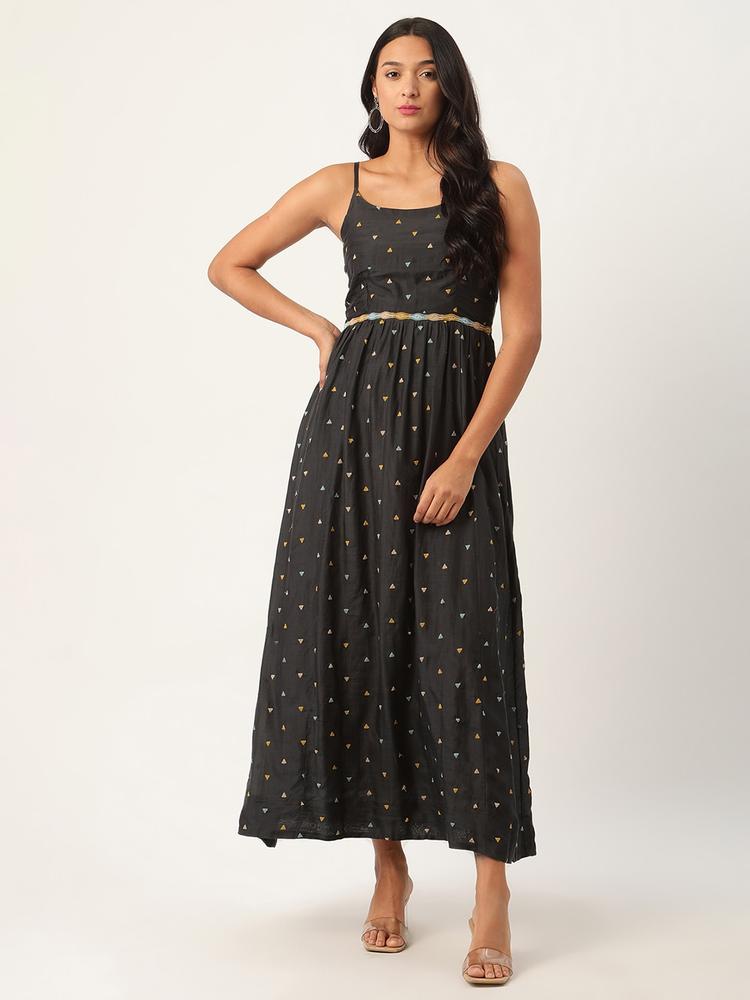 ROOTED Women Navy Blue Embroidered Fit and Flare Dress