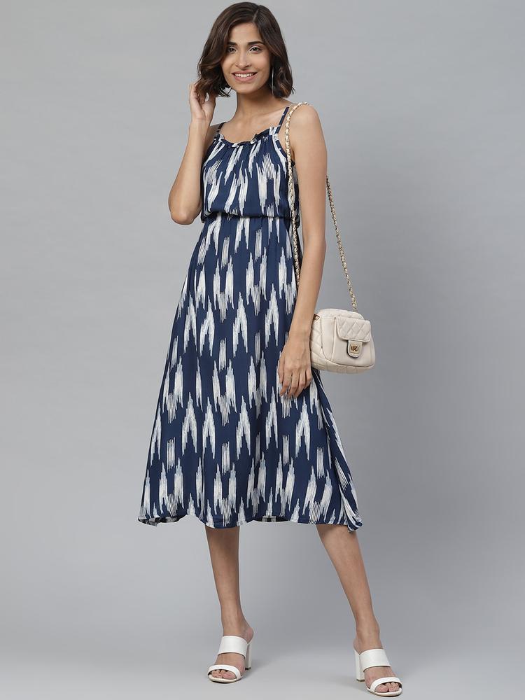 YASH GALLERY Women Navy Blue & White Abstract Print Empire Dress