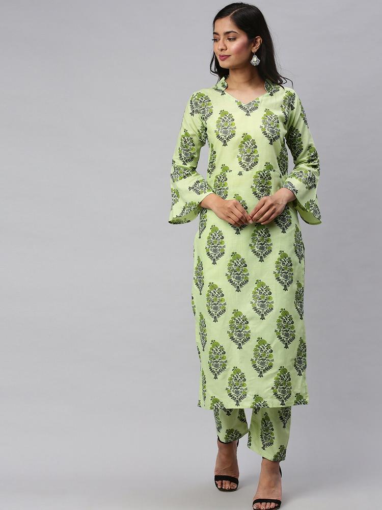 KALINI Women Green & Grey Printed Kurta with Trousers