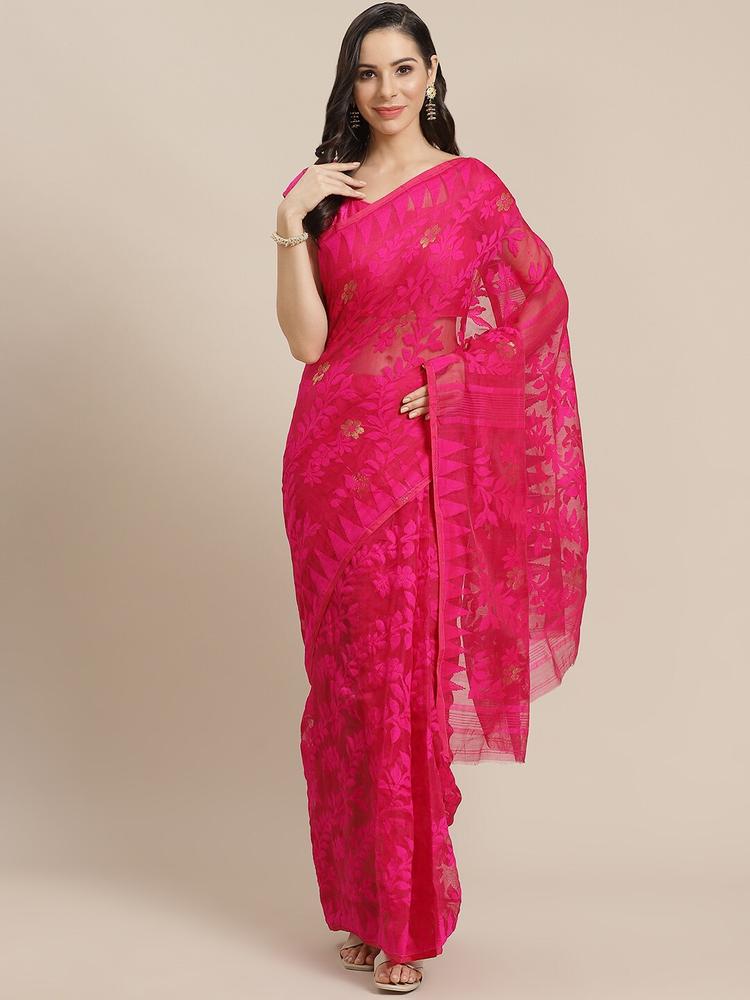 Kalakari India Pink & Golden Woven Design Jamdani Handloom Saree