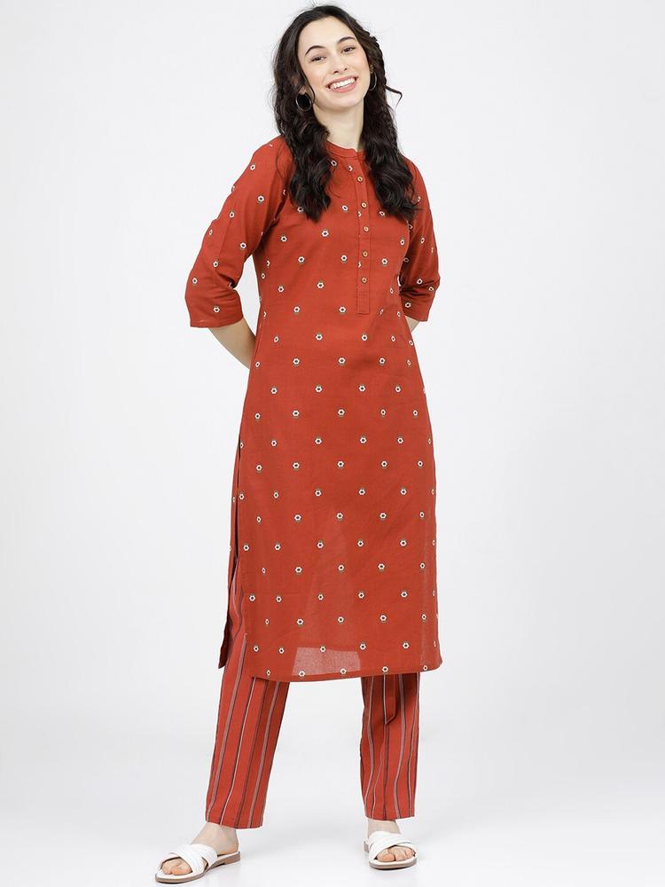 Vishudh Women Rust Red Floral Printed Regular Pure Cotton Kurta with Trousers