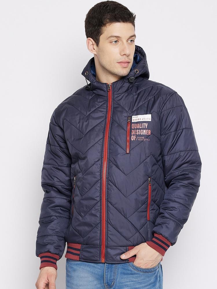 Adobe Men Navy Blue Red Typography Printed Lightweight Full Sleeve Hooded Quilted Jacket