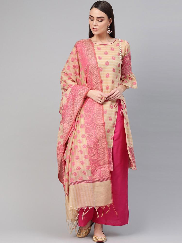 Chhabra 555 Beige & Pink Unstitched Dress Material