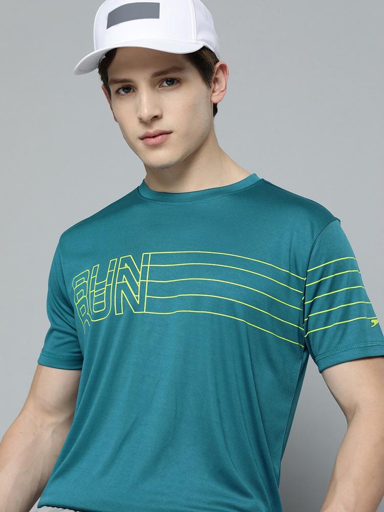 Slazenger Men Teal & Fluorescent Green Typography Printed T-shirt
