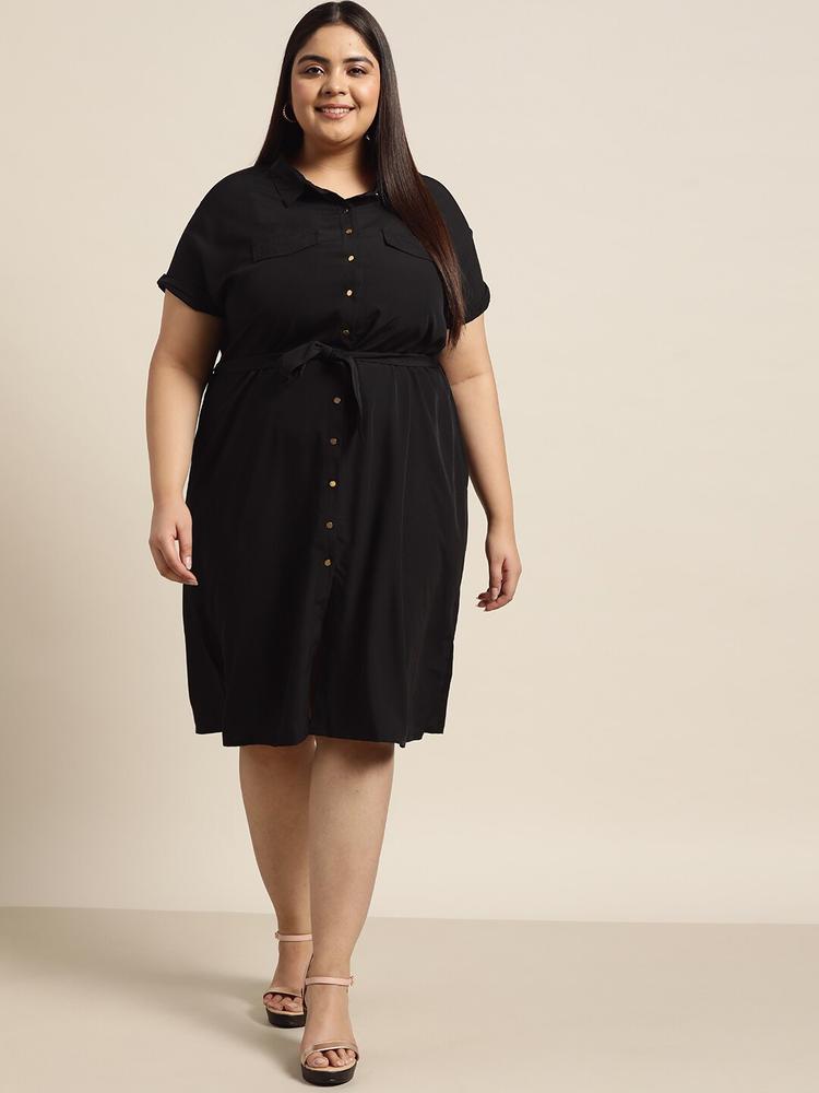 Sztori Women Plus Size Black Solid Shirt Dress with Belt