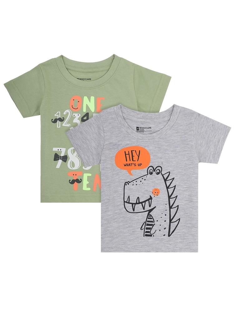 Bodycare Kids Pack of 2 Boys Grey Melange & Green Printed T-shirt
