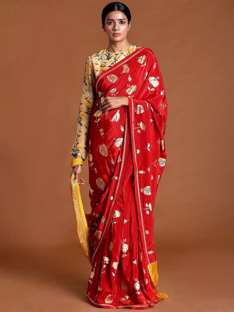 Masaba Maroon & Yellow Ethnic Motifs Silk Blend Saree