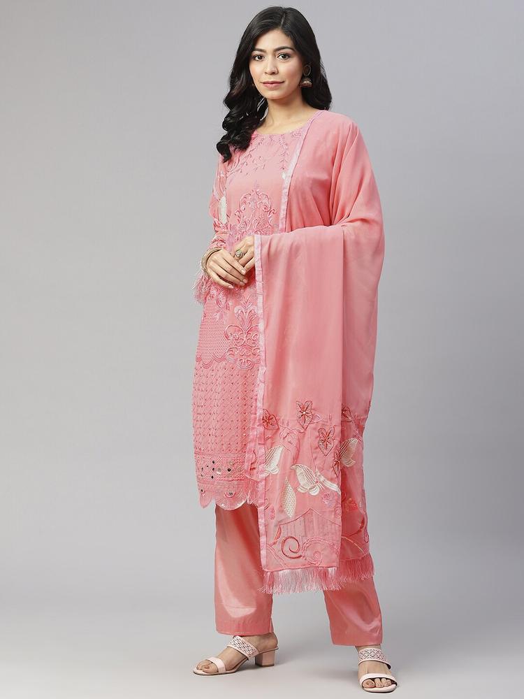 Readiprint Fashions Women Pink & Silver Embroidered Unstitched Kurta Set Material