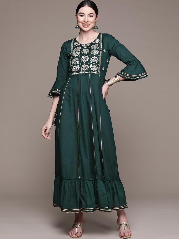 Anubhutee Green Embellished Embroidered Ethnic Cotton A-Line Maxi Dress