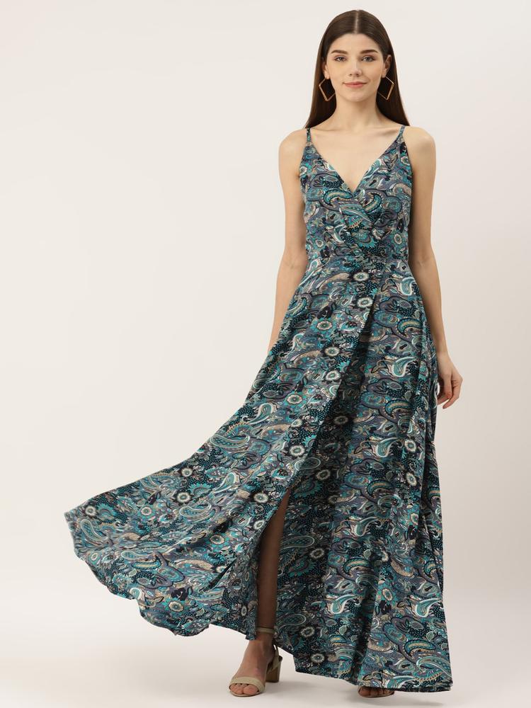 Deewa Beige & Blue Floral Crepe Maxi Dress