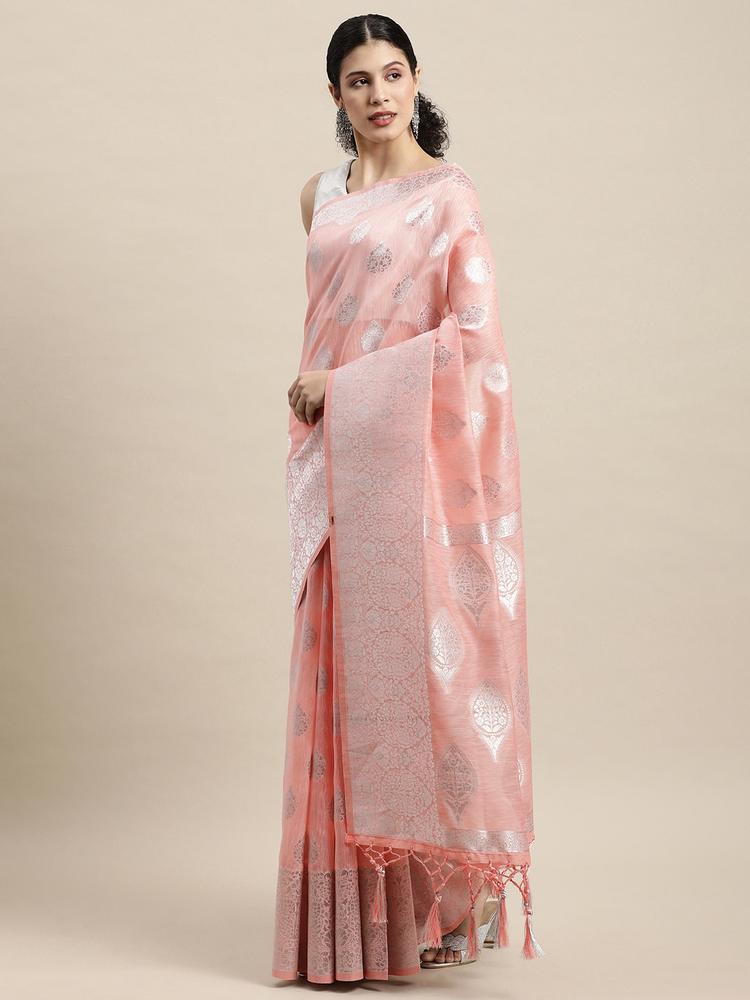 SANGAM PRINTS Peach-Coloured & Silver Woven Design Zari Saree