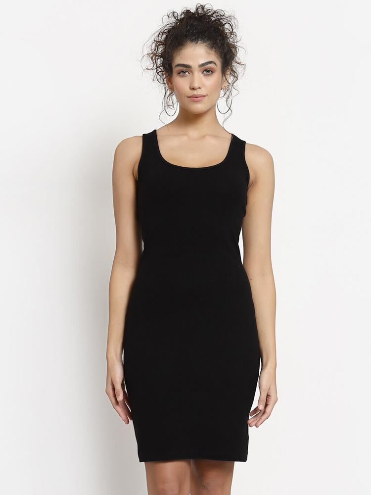 YOONOY Black Solid Organic Cotton Bodycon Dress