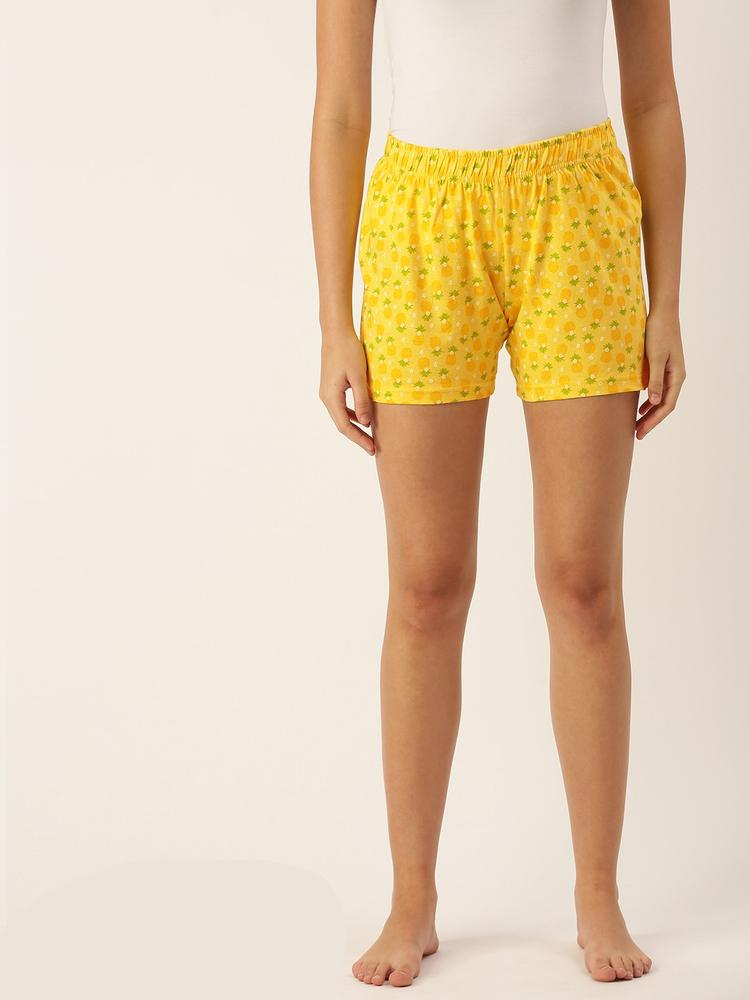 Clt s Women Yellow & Green Pure Cotton Conversational Printed Lounge Shorts