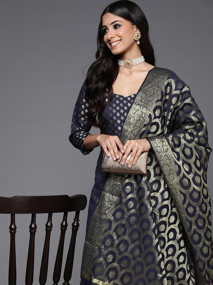 Inddus Navy Blue & Gold-Toned Chanderi Cotton Printed Unstitched Dress Material