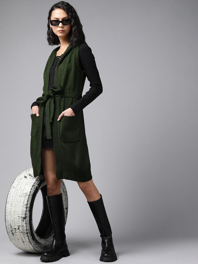 Roadster Women Olive Green Solid Longline Front-Open Sweater With Belt