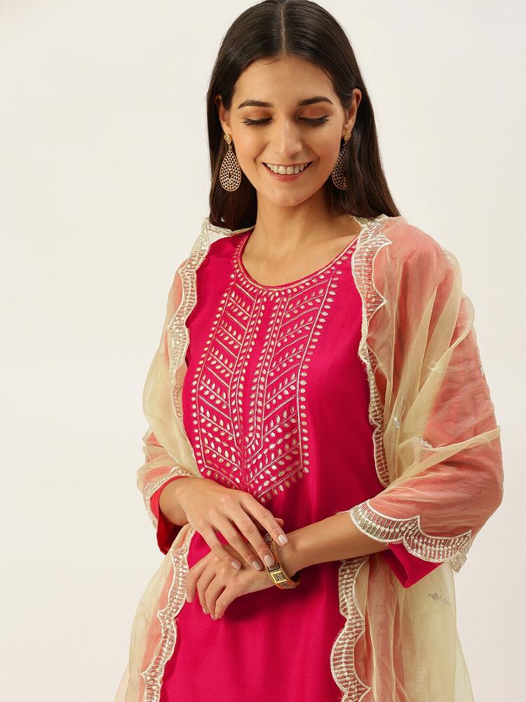 Vedic Women Pink Ethnic Motifs Yoke Design Gotta Patti Kurta with Trousers & With Dupatta