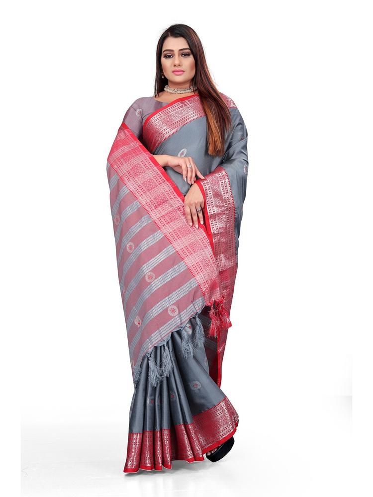 Grubstaker Silver-Toned & Red Woven Design Zari Pure Cotton Kanjeevaram Saree