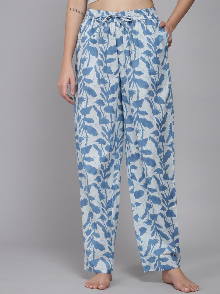 Shararat Women Blue Floral Print Cotton Lounge Pants
