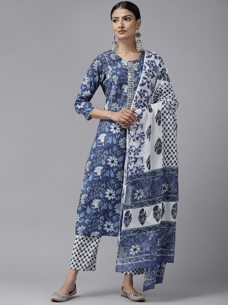 Prakrti Women Blue Floral Yoke Design Gotta Patti Pure Cotton Kurta with Trousers & With Dupatta