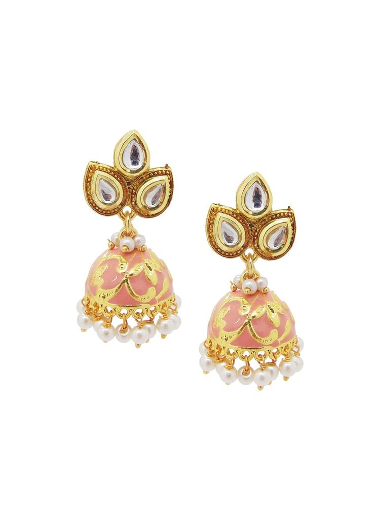 FEMMIBELLA Peach & Gold-Toned Geometric Jhumkas Earrings