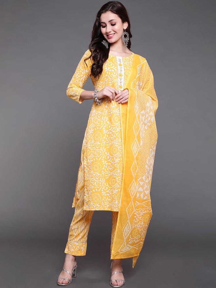 antaran Women Yellow Floral Printed Pure Cotton Top with Trousers & With Dupatta