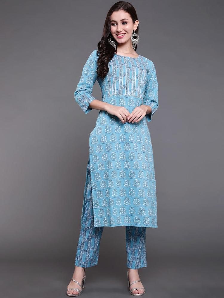 antaran Women Blue Floral Printed Pure Cotton Kurta with Trousers