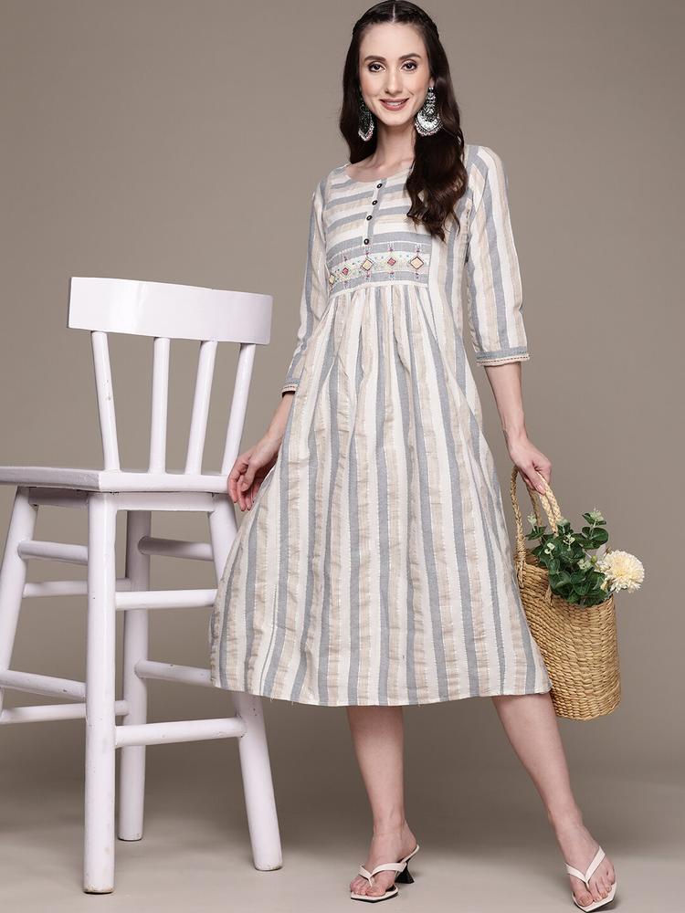 Anubhutee Beige & Grey Striped with Embroidered Detail Cotton A-Line Midi Dress
