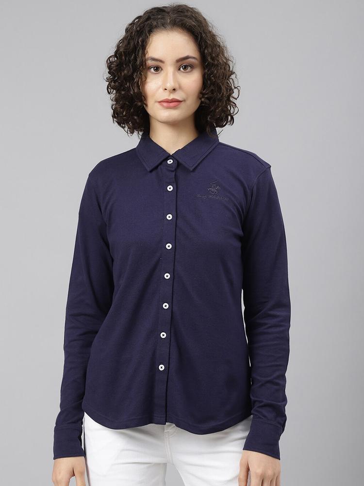 Beverly Hills Polo Club Women Navy Blue Casual Cotton Shirt