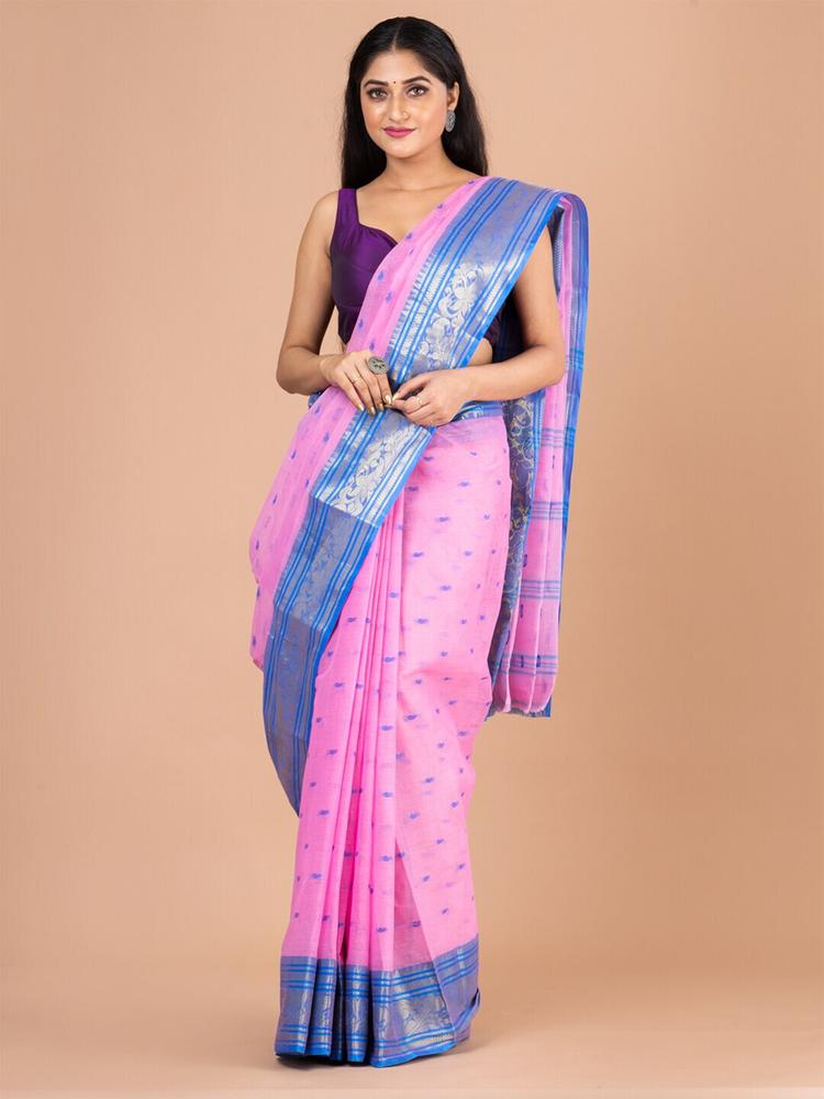 Laa Calcutta Pink & Blue Woven Design Zari Pure Cotton Jamdani Saree