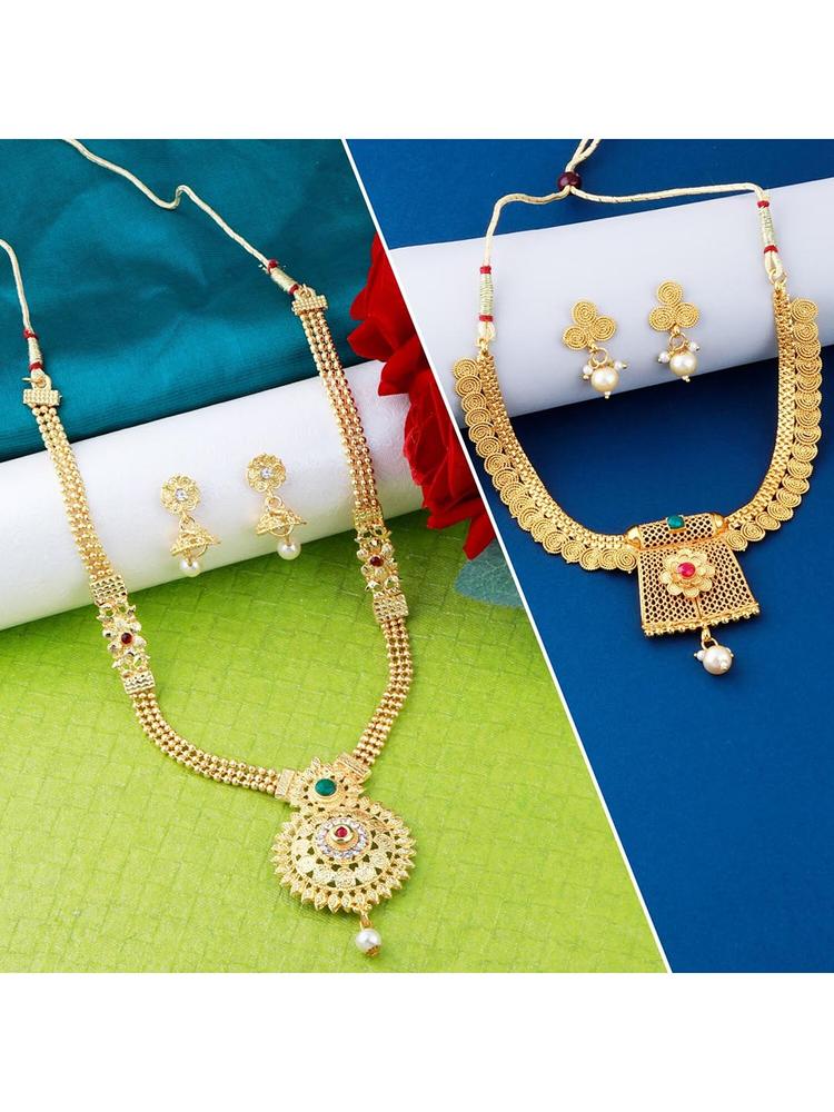 Silver Shine Gold-Plated White & Green AD Studded Jewellery Set