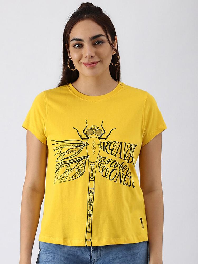 abof Women Yellow Printed Pure Cotton T-shirt