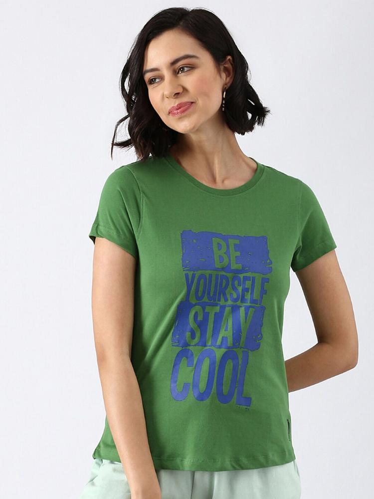 abof Women Green Typography Printed Pure Cotton T-shirt