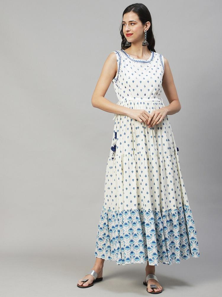 FASHOR Women Off White Ethnic Motifs Pure Cotton Maxi Dress