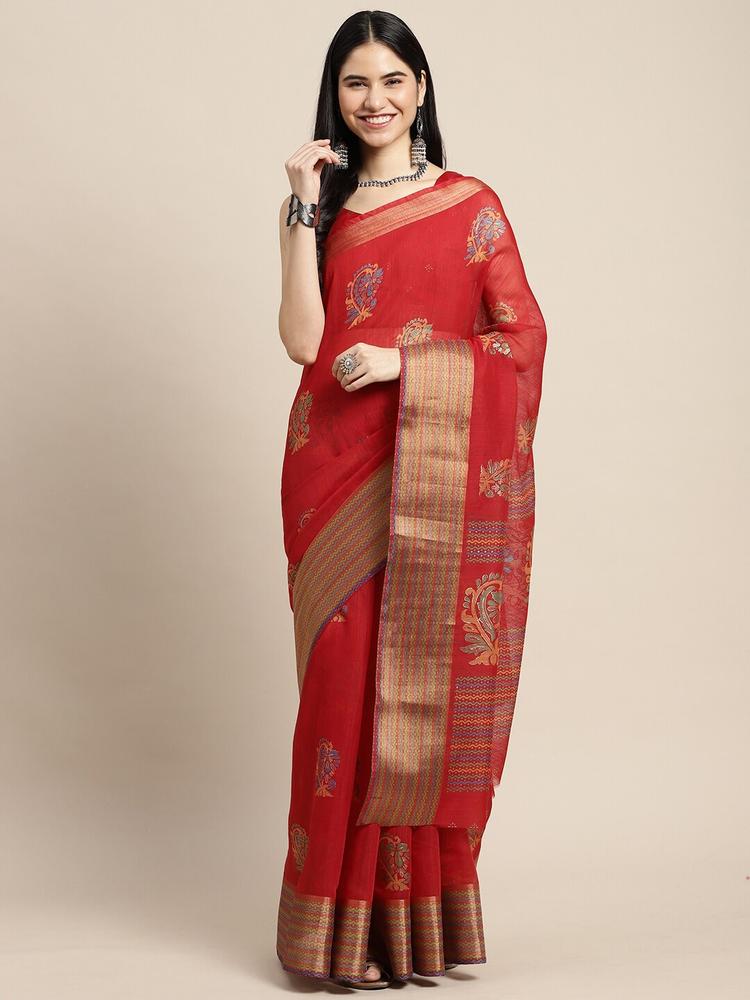 Saree mall Red & Gold-Toned Ethnic Motifs Linen Blend Block Print Saree