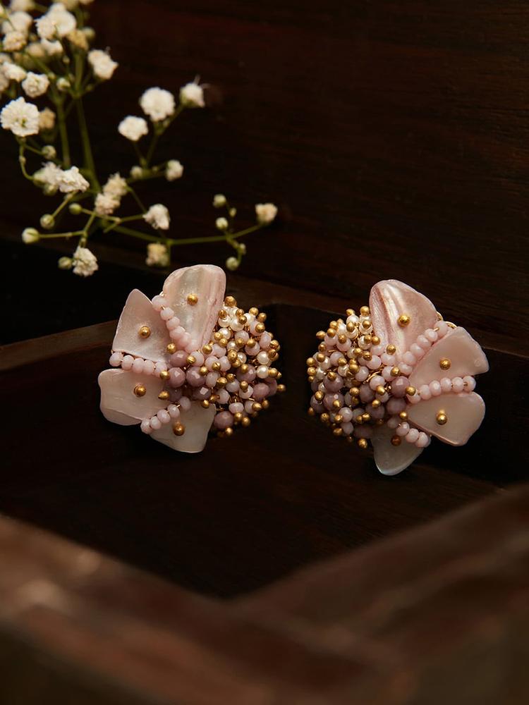 D'oro Gold-Plated Shell Studded Contemporary Studs Earrings