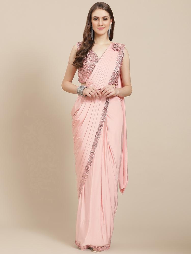 Grancy Peach-Coloured Sequinned Ready to Wear Saree