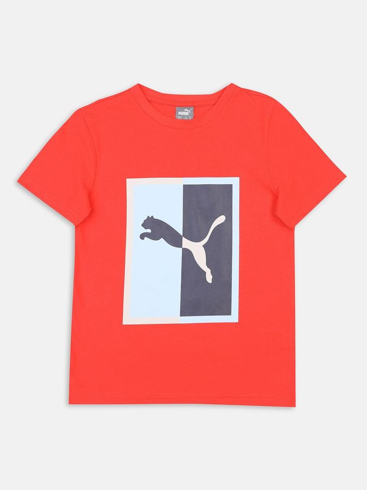 Puma Boys Red Brand Logo Printed T-shirt Graphic Box Logo Youth T-Shirt