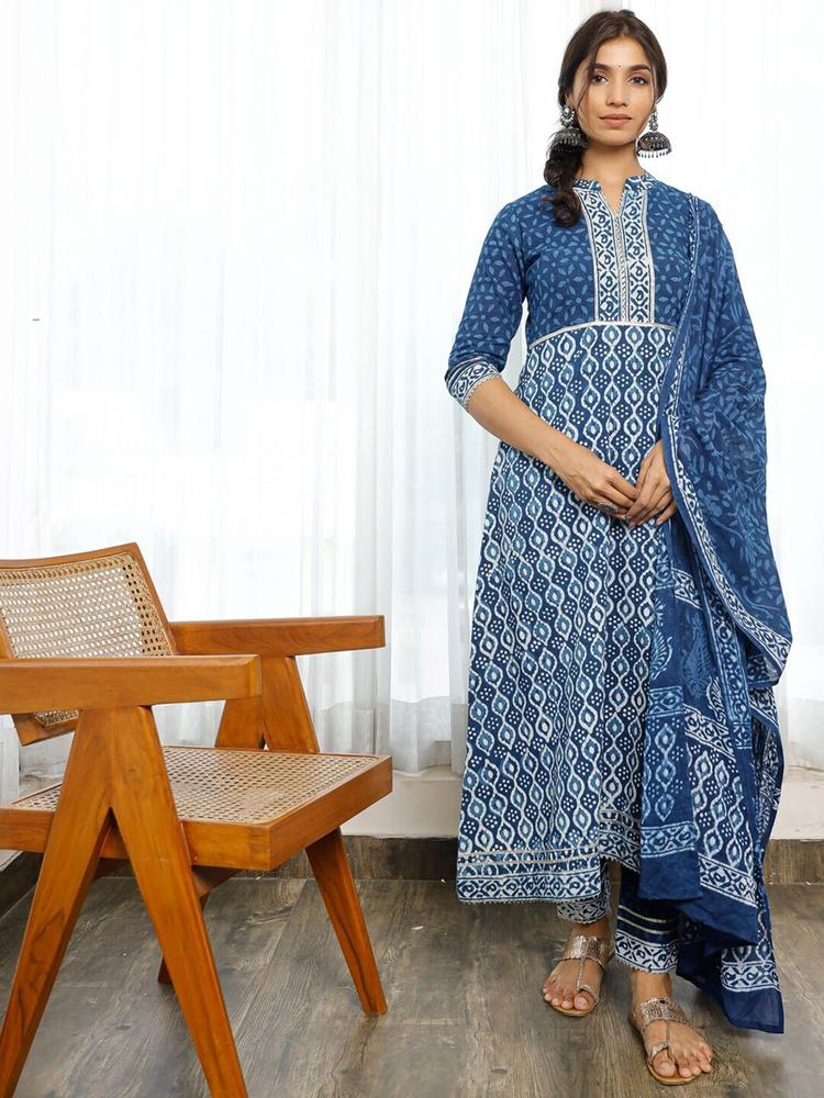 PHEETA Women Blue Floral Printed Angrakha Pure Cotton Kurta with Trousers & With Dupatta