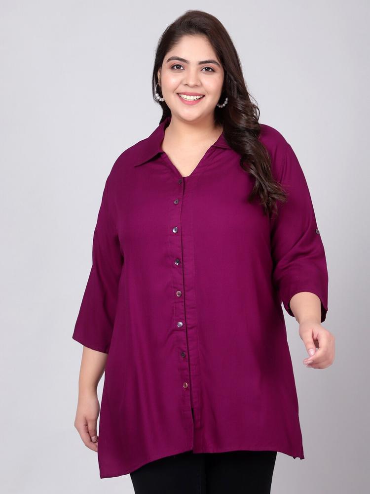 Indietoga Women Plus Size Burgundy Regular Fit Solid Rayon Longline Casual Shirt