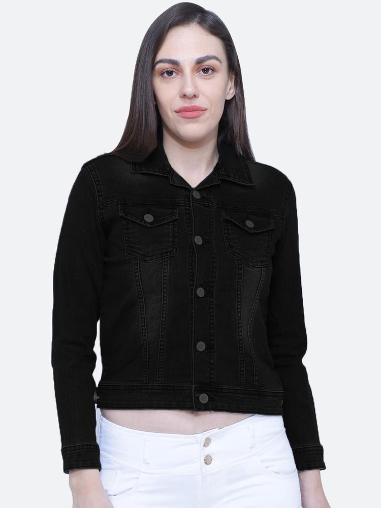 FCK-3 Women Black Washed Crop Denim Jacket