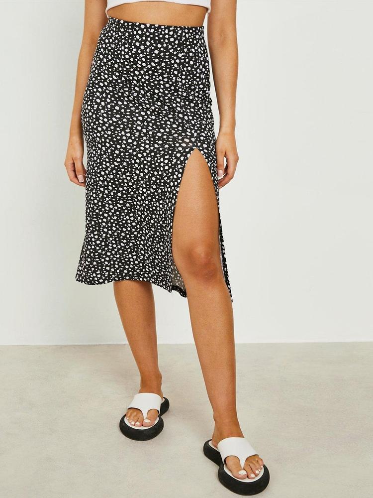 Boohoo Women Polka Dots Printed Side Slit A-Line Skirt