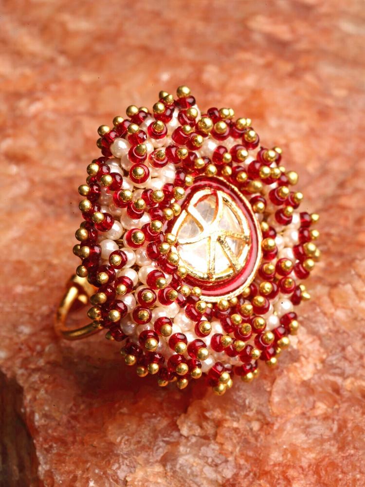 DUGRISTYLE Gold-Plated Kundan-Studded & Pearl Beaded Adjustable Finger Ring