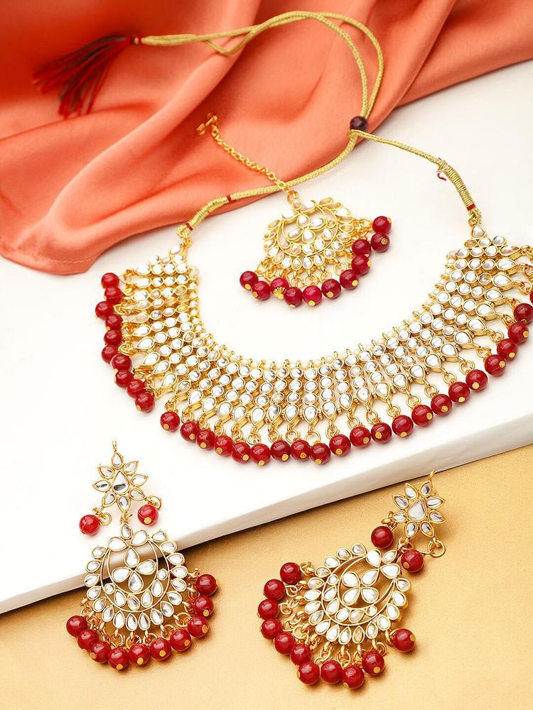 YouBella Gold-Plated Stone Studded & Beaded Jewellery Set