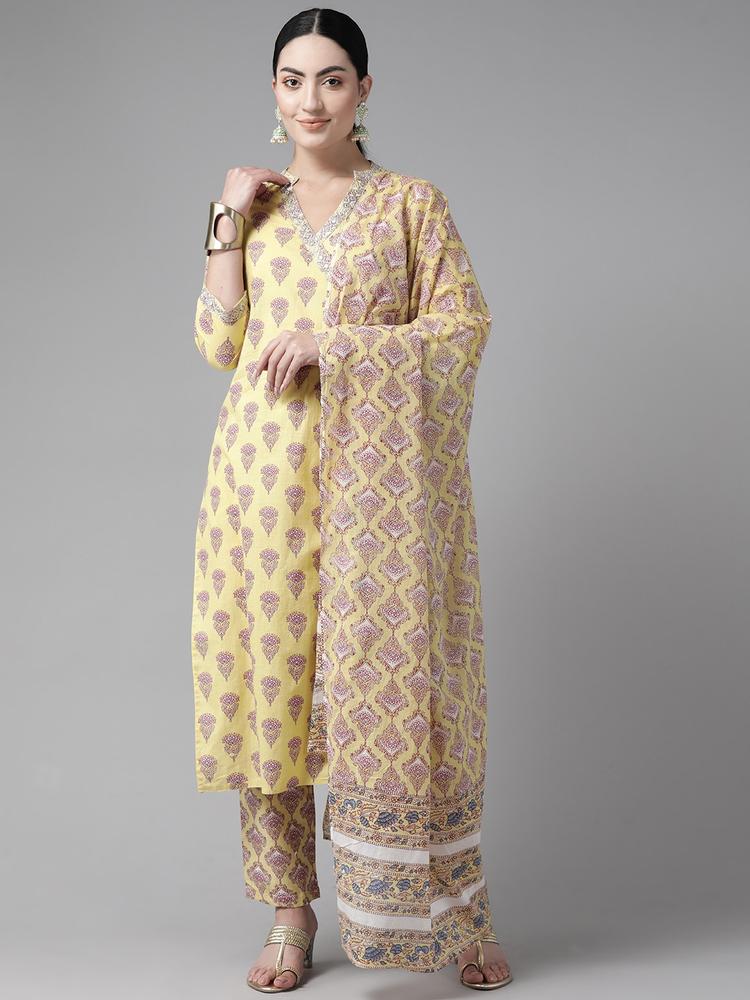 Prakrti Women Yellow Ethnic Motifs Printed Pure Cotton Kurta with Palazzos & With Dupatta