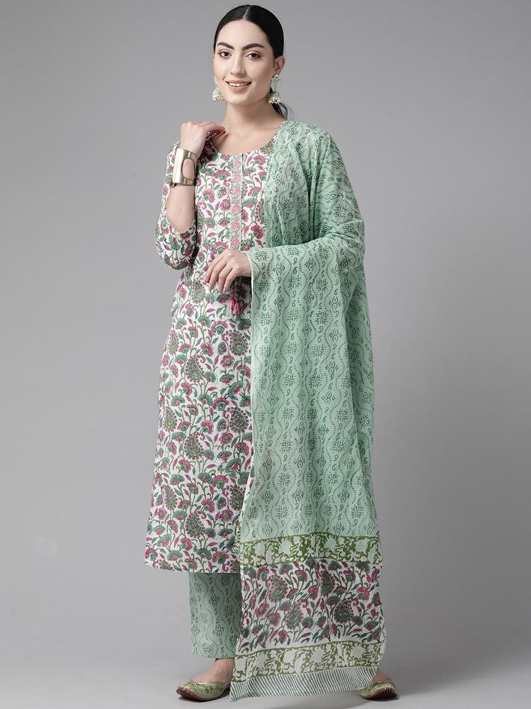 Prakrti Women Multicoloured Floral Printed Pure Cotton Kurta with Palazzos & With Dupatta