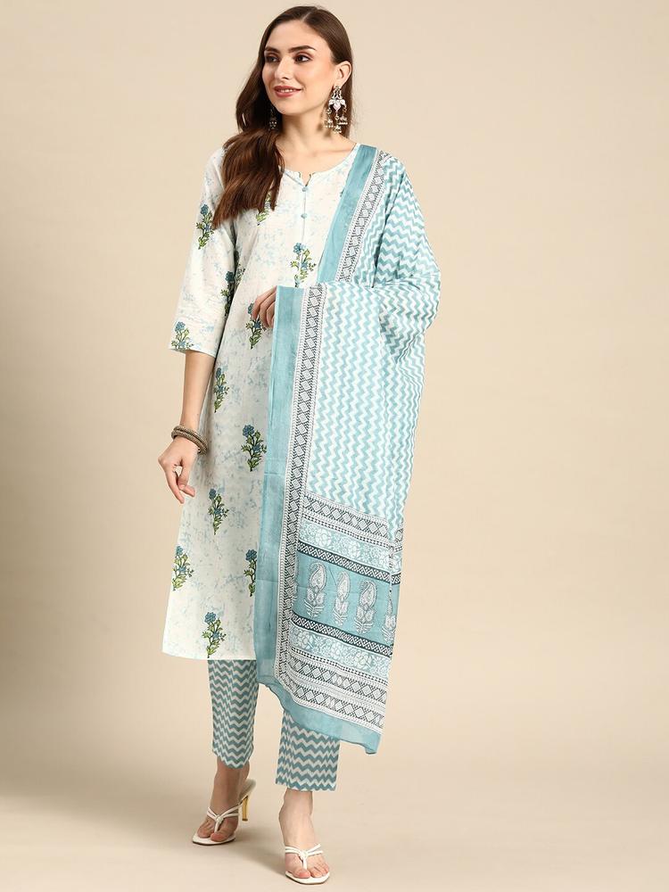 Prakrti Women Off White Floral Printed Pure Cotton Kurta with Trousers & With Dupatta