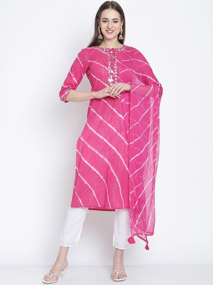Rajnandini Women Leheriya Printed Thread Work Pure Cotton Kurta with Trousers & Dupatta