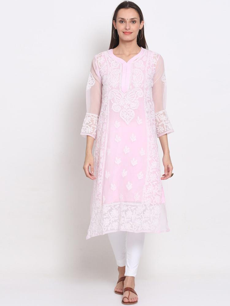 PARAMOUNT CHIKAN Women Floral Chikankari Embroidered Geogette Kurta With Trousers
